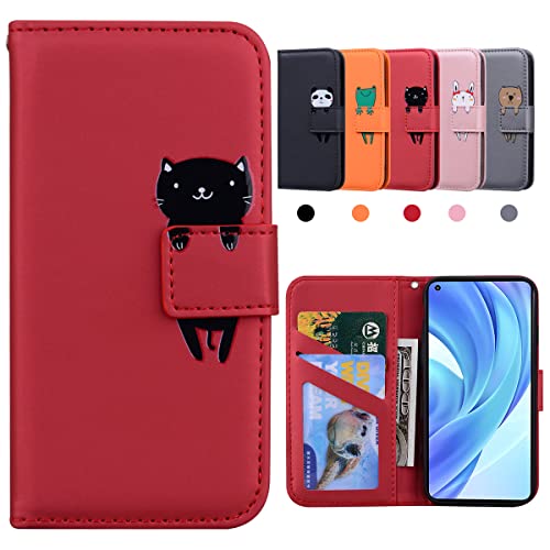 Kedic Handyhülle für Xiaomi Mi 11 Lite Hülle, für Xiaomi 11 Lite 5G NE Hülle, Klappbar Stoßfeste Schutzhülle mit [Kartenfächer] [Ständerfunktion], Karikatur Hülle für Xiaomi Mi 11 Lite 5G, Rot von Kedic