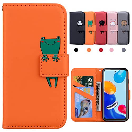 Kedic Handyhülle für Xiaomi Redmi Note 11 Hülle, für Redmi Note 11S Hülle, Klappbar Stoßfeste Schutzhülle mit [Kartenfächer] [Ständerfunktion], Karikatur Hülle für Redmi Note 11/Note 11S 4G, Orange von Kedic