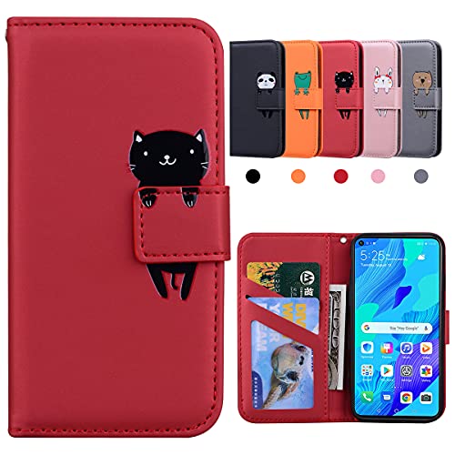 Kedic Huawei Nova 5T Hülle, Honor 20 Hülle, Handyhülle Huawei Nova 5T , Stoßfeste Karikatur Flip handyhüllen & Cover für Huawei nova 5T/Honor 20 (6.26"), Katze, Rot von Kedic