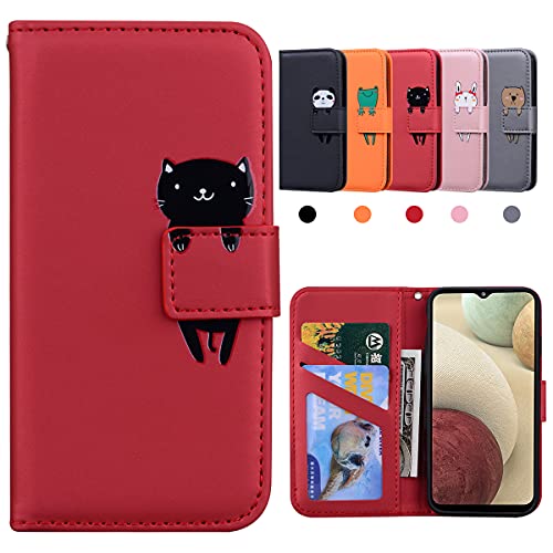 Samsung Galaxy A12 Hülle, Samsung M12 Hülle, Klappbar Stoßfeste Schutzhülle Samsung A12 Handyhülle, Karikatur Flipcase für Galaxy A12 / M12, Katze, Rot von Kedic