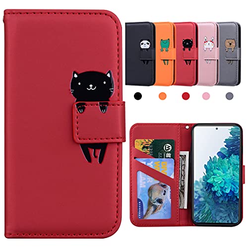 Samsung Galaxy S20 FE Hülle, Handyhülle Samsung S20 FE, Stoßfeste Schutzhülle, Samsung S20 FE Hülle, Hülle Samsung S20 FE, Galaxy S20 FE Hülle, Karikatur Flipcase für Galaxy S20 FE, Katze, Rot von Kedic