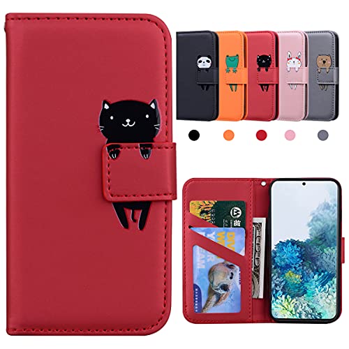 Samsung Galaxy S20 Plus Hülle, Galaxy S20 Plus Hülle, Klappbar Stoßfeste Schutzhülle, Samsung S20 Plus Hülle, Handyhülle S20 Plus, Karikatur Flipcase für Galaxy S20 Plus (6,7"), Katze, Rot von Kedic