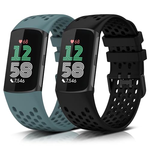 KeeFos 2 Stück Armband Kompatibel mit Fitbit Charge 5 / Fitbit Charge 6, Silikon Ersatzarmband Uhrenarmband Herren Damen für Silikonbändern, Fitbit Charge 5 / Fitbit Charge 6 Armbänder (Schwarz+Blau) von KeeFos