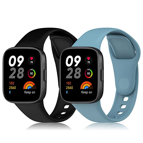 KeeFos [2 Stück Armband Kompatibel mit Xiaomi Redmi Watch 3, Silikon Ersatzarmband Herren Damen Silikonarmband Kompatibel mit Xiaomi Redmi Watch 3 - Schwarz+Hellblau von KeeFos