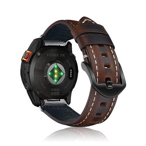 KeeFos 26MM QuickFit Leder Armband Kompatibel mit Garmin Fenix 7X Pro Solar/Garmin Instinct 2X/Fenix 7X/Fenix 6X/Fenix 6X Pro, Lederarmband Ersatzband für Fenix 5X GPS - Dunkelbraun von KeeFos