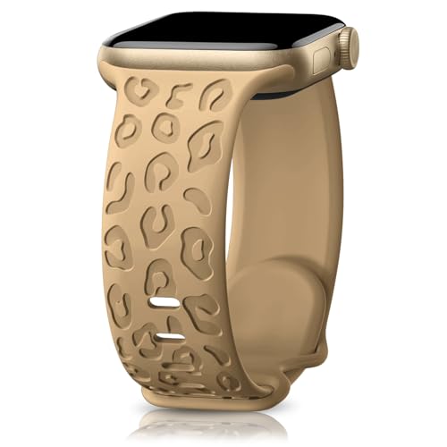 KeeFos Armband Kompatibel mit Apple Watch Armband 38mm 40mm 41mm, Silikon Leopardenmuster Gravierte Ersatzarmband Uhrenarmband für iWatch Serie 9/8/7/6/5/4/3/2/1/SE/SE2 - Milchtee von KeeFos