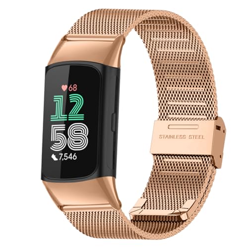 KeeFos Armband Kompatibel mit Fitbit Charge 6, Mesh Gewebe Edelstahl Herren&Damen Metall Uhrenarmband Ersatzband für Fitbit Charge 6 - Roségold von KeeFos