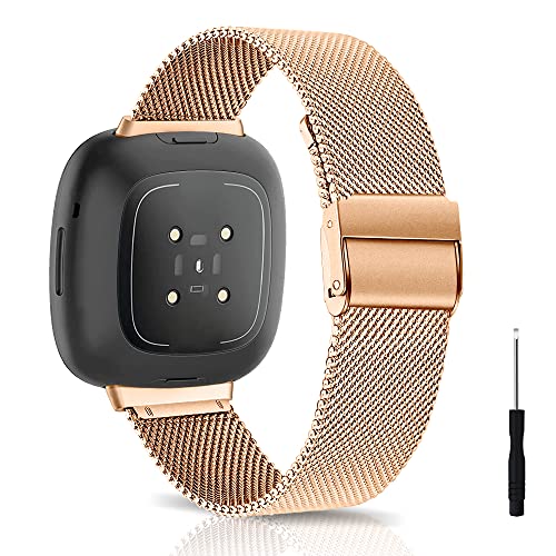 KeeFos Armband Kompatibel mit Fitbit Versa 4/Versa 3/Sense 2/Sense, Mesh Gewebe Edelstahl Herren&Damen Metall Uhrenarmband Ersatzband für Fitbit Versa 4/Versa 3/Sense 2/Sense - Roségold von KeeFos