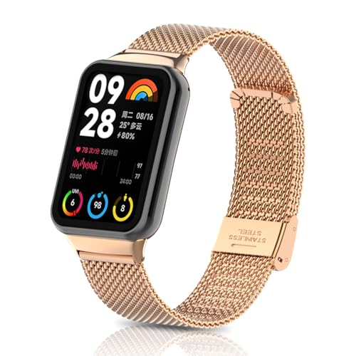 KeeFos Armband für Xiaomi Mi Band 8 Pro/Smart Band 8 Pro, Mesh Gewebe Edelstahl Metall Uhrenarmband Ersatzband für Xiaomi Mi Band 8 Pro/Smart Band 8 Pro - Roségold von KeeFos