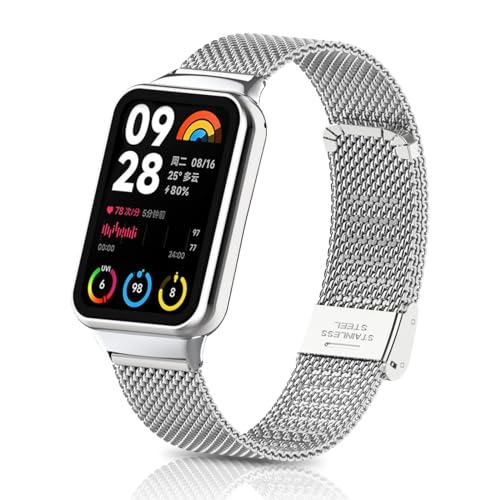 KeeFos Armband für Xiaomi Mi Band 8 Pro/Smart Band 8 Pro, Mesh Gewebe Edelstahl Metall Uhrenarmband Ersatzband für Xiaomi Mi Band 8 Pro/Smart Band 8 Pro - Silber von KeeFos