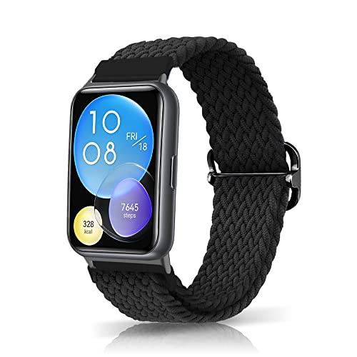 KeeFos Geflochtene Armband Kompatibel mit Huawei Watch Fit 2, Einstellbares Geflochtene Ersatzarmband Sport Frauen Männer Uhrenarmbänder Kompatibel mit Huawei Watch Fit 2 - Schwarz von KeeFos