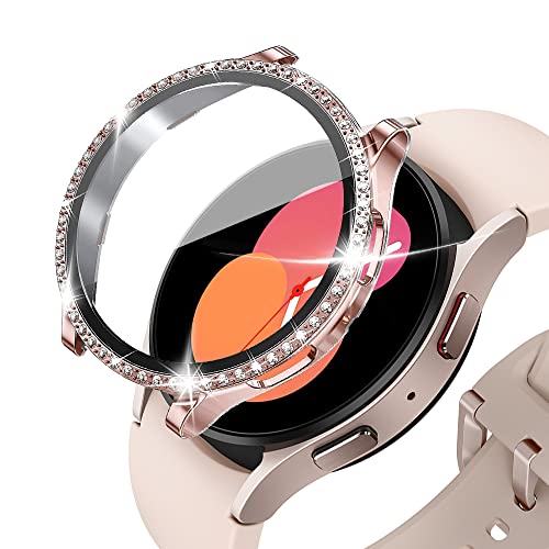 KeeFos Hülle Kompatibel für Samsung Galaxy Watch 5 40mm, Strassstein Gehäuse Panzerglas, 360° Rundum Schutzhülle, Displayschutz PC Schutzhülle, Kratzfest für Galaxy Watch 5 40mm (Roségold) von KeeFos