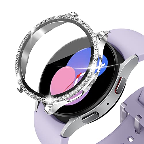KeeFos Hülle Kompatibel für Samsung Galaxy Watch 5 40mm, Strassstein Gehäuse Panzerglas, 360° Rundum Schutzhülle, Displayschutz PC Schutzhülle, Kratzfest für Galaxy Watch 5 40mm (Silber) von KeeFos