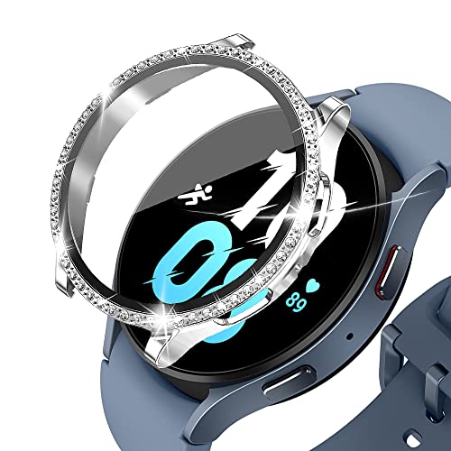 KeeFos Hülle Kompatibel für Samsung Galaxy Watch 5 44mm, Strassstein Gehäuse Panzerglas, 360° Rundum Schutzhülle, Displayschutz PC Schutzhülle, Kratzfest für Galaxy Watch 5 44mm (Silber) von KeeFos