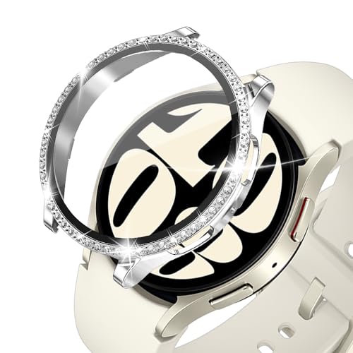 KeeFos Hülle Kompatibel für Samsung Galaxy Watch 6 40mm, Strassstein Gehäuse Panzerglas, 360° Rundum Schutzhülle, Displayschutz PC Schutzhülle, Kratzfest für Galaxy Watch 6 40mm (Silber) von KeeFos
