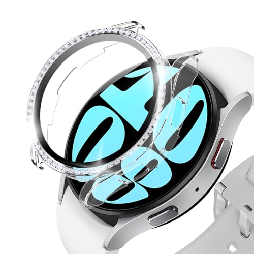 KeeFos Hülle Kompatibel für Samsung Galaxy Watch 6 44mm, Strassstein Gehäuse Panzerglas, 360° Rundum Schutzhülle, Displayschutz PC Schutzhülle, Kratzfest für Galaxy Watch 6 44mm (Transparent) von KeeFos