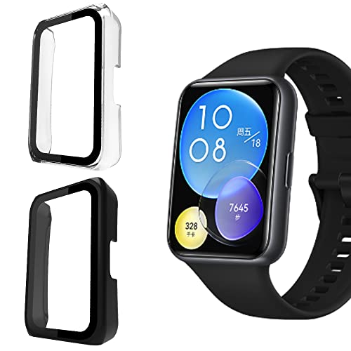 KeeFos Hülle Kompatibel mit Huawei Watch Fit 2, 9H Härte 360° Rundum Schutzhülle Eingebaut Glas, Kratzfest PC Displayschutzfolie Case Cover für Huawei Watch Fit 2 (Schwarz+Transparent) von KeeFos