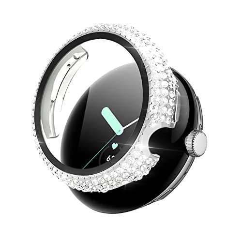 KeeFos Hülle für Google Pixel Watch 2 / Google Pixel Watch, Strassstein Gehäuse Panzerglas, 360° Rundum Schutzhülle, Displayschutz PC Schutzhülle für Google Pixel Watch 2 / Pixel Watch (Silber) von KeeFos