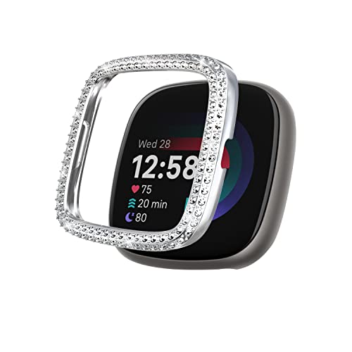 KeeFos Hülle kompatibel für Fitbit Versa 4/Fitbit Sense 2, (Nicht Enthalten Schutzfolie) Glitzer Diamant Schutzrahmen, PC Schutzrahmen Stoßfest Kratzfest Schutzhülle für Fitbit Versa 4/Sense 2(Silber) von KeeFos