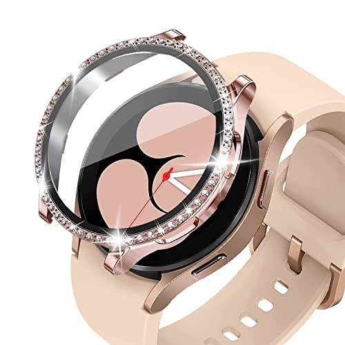 KeeFos Hülle kompatibel für Samsung Galaxy Watch 4 40 mm, Strassstein Gehäuse Panzerglas, 360° Rundum Schutzhülle, Displayschutz PC Schutzhülle, Kratzfest für Galaxy Watch 4 40 mm (Roségold) von KeeFos