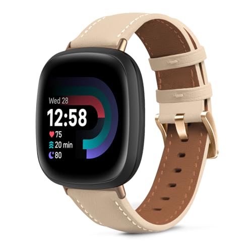 KeeFos Leder Armband für Fitbit Versa 4/Fitbit Versa 3/Fitbit Sense 2/Fitbit Sense, Herren Damen Lederarmband Ersatzband Uhrenarmband für Fitbit Versa 4/Fitbit Versa 3/Fitbit Sense 2/Sense - Aprikose von KeeFos