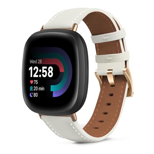 KeeFos Leder Armband für Fitbit Versa 4/Fitbit Versa 3/Fitbit Sense 2/Fitbit Sense, Herren Damen Lederarmband Ersatzband Uhrenarmband für Fitbit Versa 4/Fitbit Versa 3/Fitbit Sense 2/Sense - Weiß von KeeFos