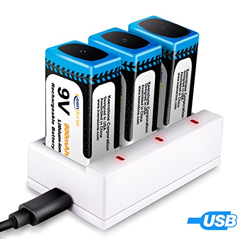9V Block Batterien, Keenstone 3 Stück PP3 Li-Ion 800mAh Wiederaufladbare Akku mit 3Slots Ladegerät, USB Ladekabel für Tastatur Mikrofon Rauchmelder von Keenstone