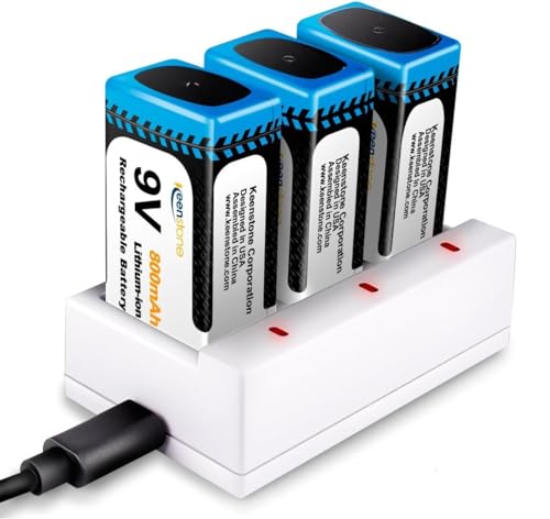 9V Blockbatterie Akku, Keenstone 3 Stück 800mAh Wiederaufladbare Lithium Akku, USB Ladekabel 9 Volt Akku für Rauchmelder Feuermelder Warnmelder Multimeter von Keenstone