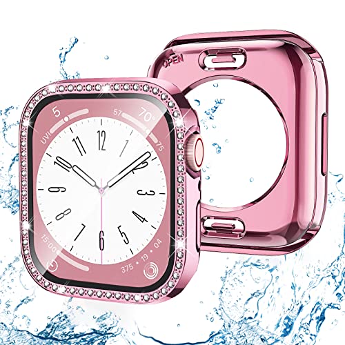 (2-in-1) Bling wasserdichte Hülle kompatibel mit Apple Watch 40 mm Serie 6/5/4/SE/SE2, Displayschutzfolie, vorne und hinten, Glitzer, Diamantkristall, vollständiger Schutz für iWatch 40 mm, Rosa von Keepamor