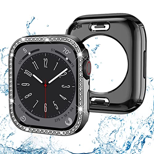 (2-in-1) Bling wasserdichte Hülle kompatibel mit Apple Watch 40 mm Serie 6/5/4/SE/SE2 Displayschutzfolie, vorne und hinten, glitzernde Kristallabdeckung, vollständiger Schutz für iWatch 40 mm, schwarz von Keepamor