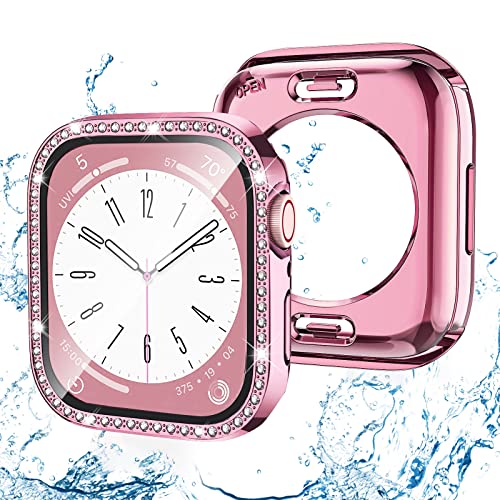 (2-in-1) Bling wasserdichte Hülle kompatibel mit Apple Watch 41 mm Serie 9/8/7 Displayschutzfolie, vorne und hinten Frauen Glitzer Diamant Kristall Vollschutz Bumper Face Cover für iWatch 41 mm, Rosa von Keepamor