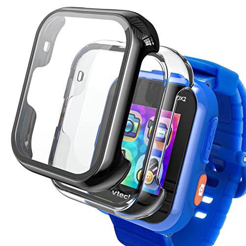 Keepamor 2 x Displayschutzfolie nur kompatibel mit VTech Kidizoom Smartwatch DX2 Kinder-Hartschale mit gehärtetem Glas, ultradünne Schutzhülle für Jungen und Mädchen, schwarz + transparent von Keepamor