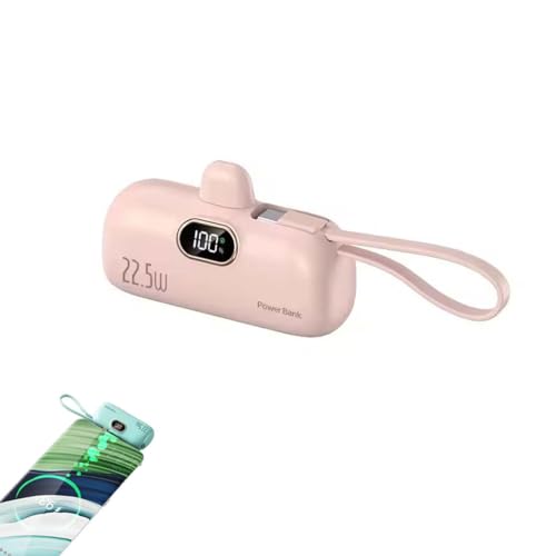 Mini Portable Charger with Built-in Cable,Powerbank 5000mAh 22.5W mit integriertem USB-C Kabel,High-Speed portables Ladegerät,Schnellladung Powerbank,Tragbares Ladegerät Für Smartphone (Rosa) von Keeplus