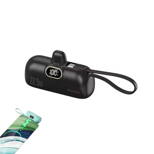 Mini Portable Charger with Built-in Cable,Powerbank 5000mAh 22.5W mit integriertem USB-C Kabel,High-Speed portables Ladegerät,Schnellladung Powerbank,Tragbares Ladegerät Für Smartphone (Schwarz) von Keeplus