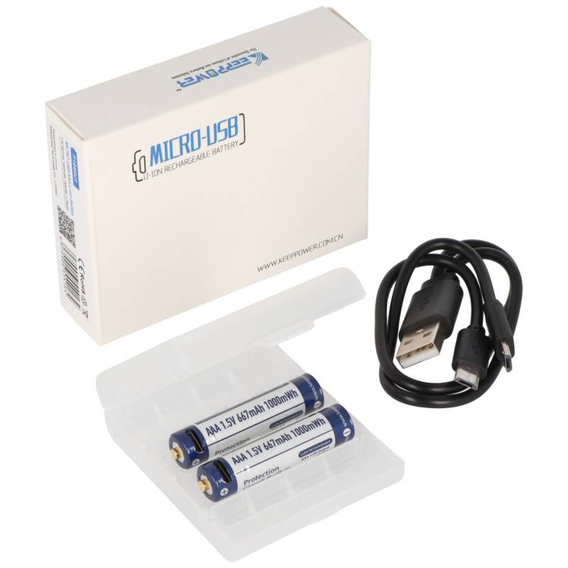 2 Stück Keeppower AAA 1,5V 1000mWh Lithium Ionen Akku, Micro, AAA, LR03, mit USB-Ladebuchse, wiederaufladbar über micro USB von Keeppower