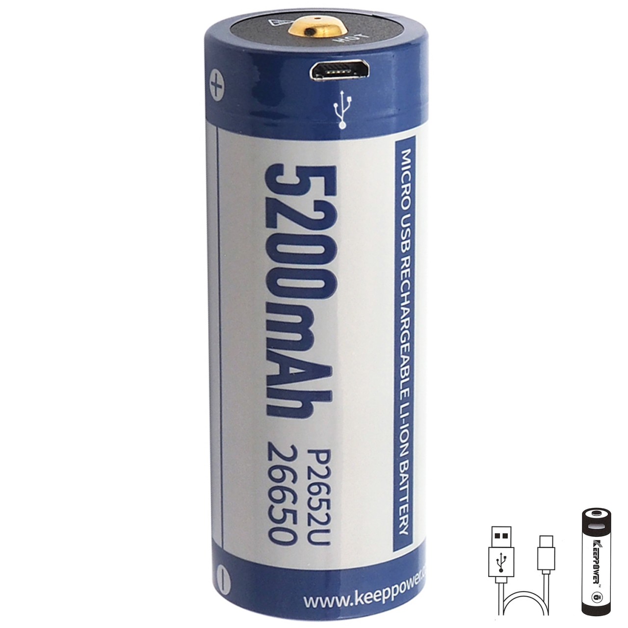 5200mAh 26650 Li-Ion Akku 3,7 Volt 70,3x26,5mm PCB geschützt mit USB Lademöglichkeit 5200mAh 26650 Li-Ion Akku 3,7 Volt 70,3x26,5mm PCB geschützt mit USB Lademöglichkeit von Keeppower