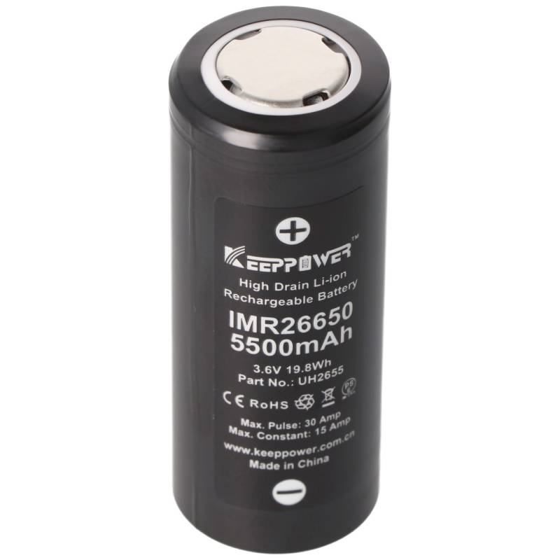 IMR 26650 Li-Ion Akku 5500mAh 3,6V - 3,7V  15A konstant Abmessungen 66,5 x 26,3 mm von Keeppower
