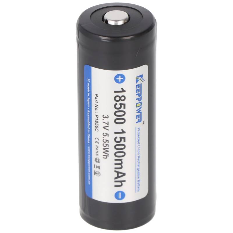 Keeppower 18500 Li-Ion Akku 1500mAh, 3,7V Li-Ion-Akku geschützt ca. 52,8x18,5mm Abmessungen von Keeppower