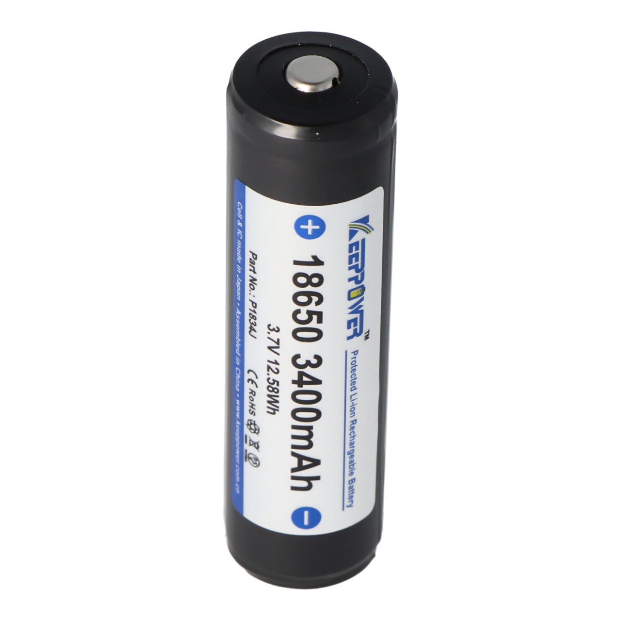 Keeppower 18650 Li-Ion Akku mit 3400mAh, 3,6V - 3,7V Li-Ion-Akku geschützt mit PCB 1 Stück (Button Top) von Keeppower