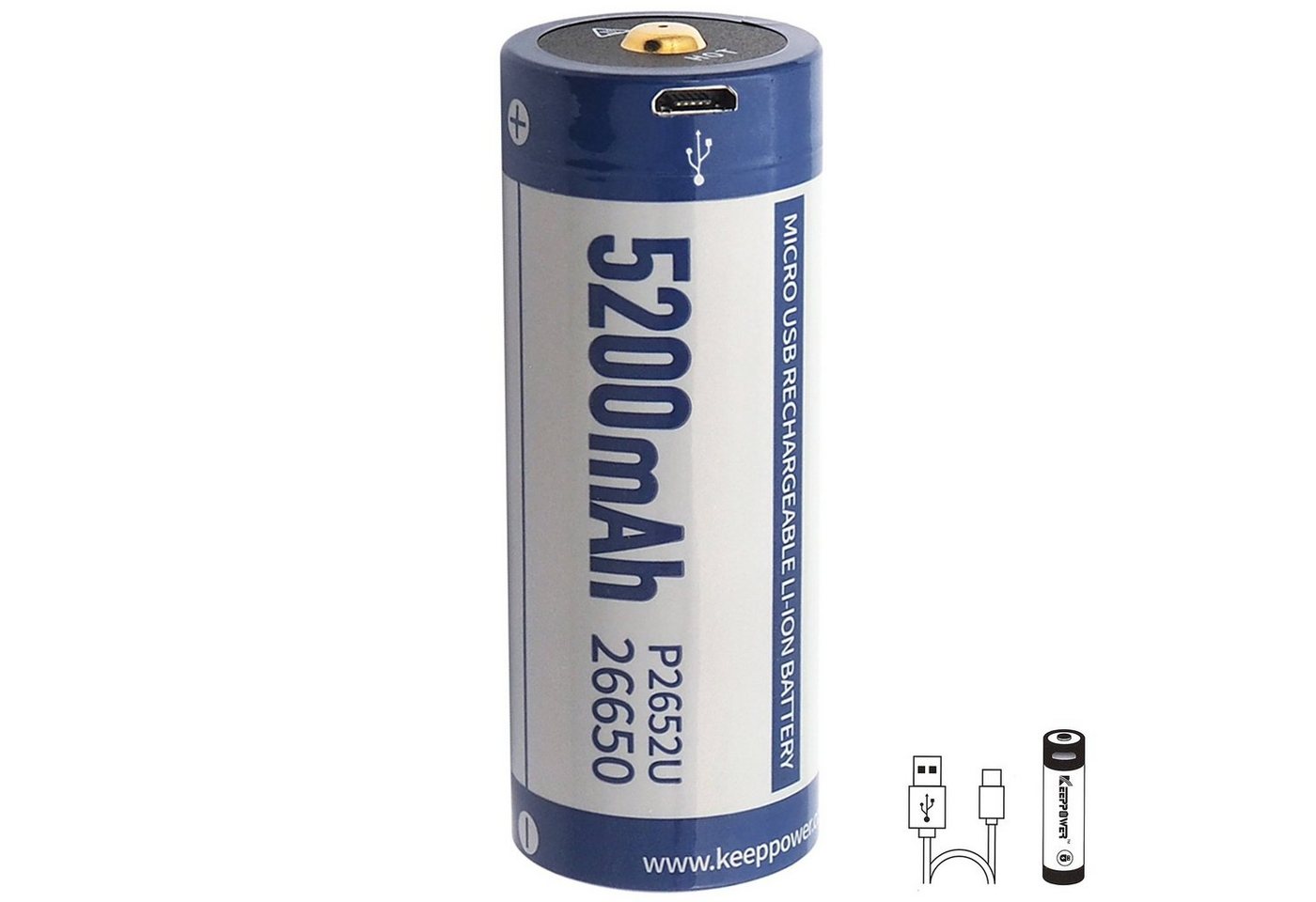 Keeppower 5200mAh 26650 Li-Ion Akku 3,7 Volt 70,3x26,5mm PCB geschützt mit USB Akku von Keeppower