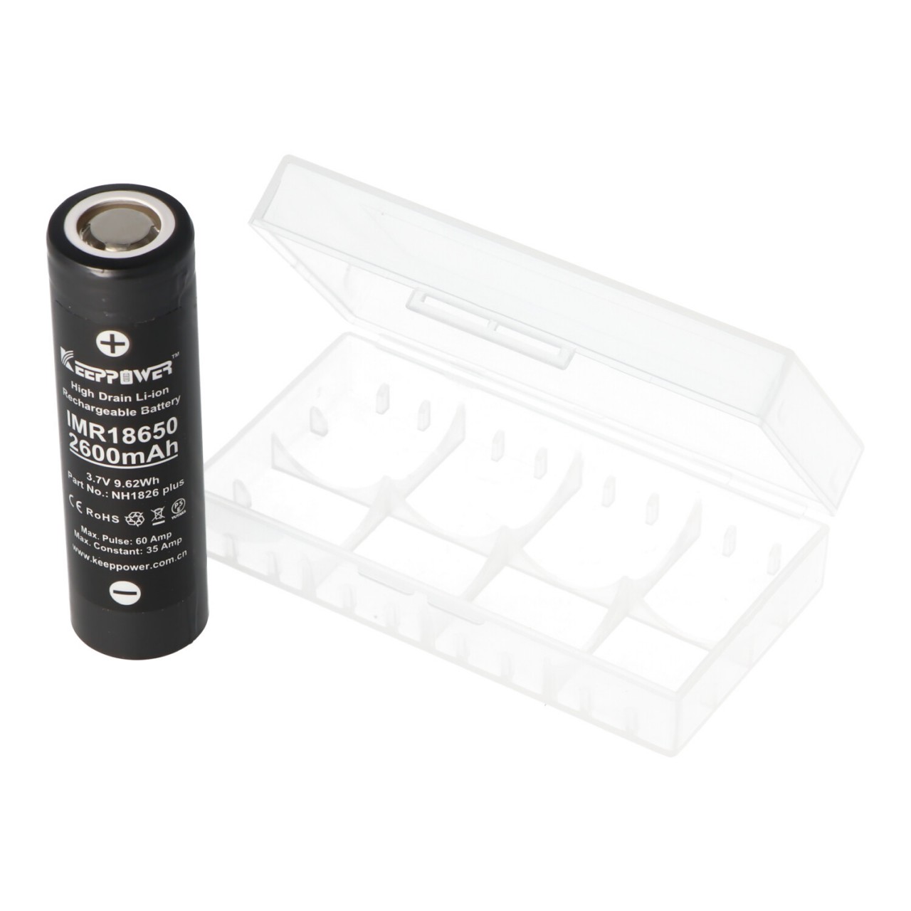 Keeppower IMR18650 Plus 2600mAh 3,6V - 3,7V Li-Ion-Akku (US18650VTC5A) min. 2500mAh typ. 2600MAh maximal 35A Stromabgabe (Flat Top) inkl. Akkuschutzbox von Keeppower