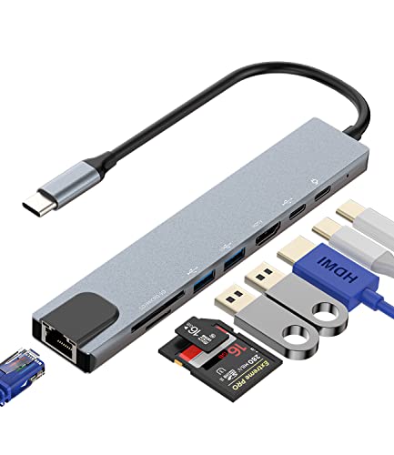 USB C auf HDMI + Ethernet + USB A + Typ-C + TF + SD-Karte (8-in-1) Thunderbolt-Ladeanschluss Splitter Kabel Dual Monitor Dongle Adapter für Apple iPhone 15 Pro Max iPad TV Display Dockingstation Hub von Kefiany
