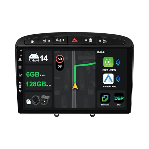 [6G+128G] IPS 9" Android 14 Autoradio Für Peugeot 308 2007-2013 mit navi Octa Core-[Eingebauter CarPlay/Android Auto/DSP/Mirror Link/GPS Navi/360 Camera/Bluetooth 5.0/WiFi/USB von KeiDilie