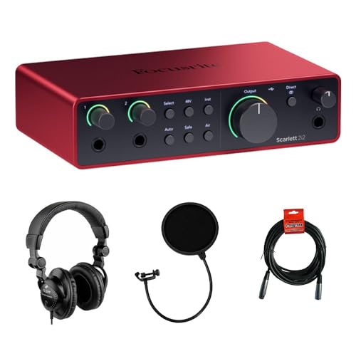 Focusrite Scarlett 2i2 USB-C Audio-Interface (4. Generation) Bundle mit Polsen HPC-A30 Studiomonitor-Kopfhörern, Pop-Filter und XLR-XLR-Kabel von Kellards