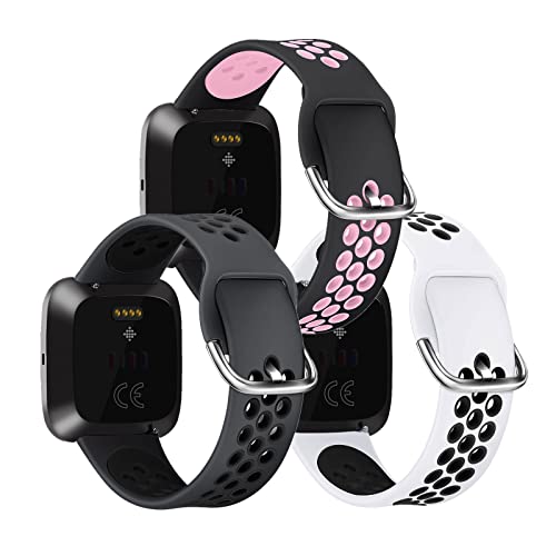 Kemikeji 3 Stück Silikon Armband für Fitbit Versa 2 Armband/Fitbit Versa Ersatzarmband Set Sport für Damen Männer Frauen Schwarz Weiches Loch mit Kompatibel Fitbit Versa/Versa 2/Versa Lite (B) von Kemikeji