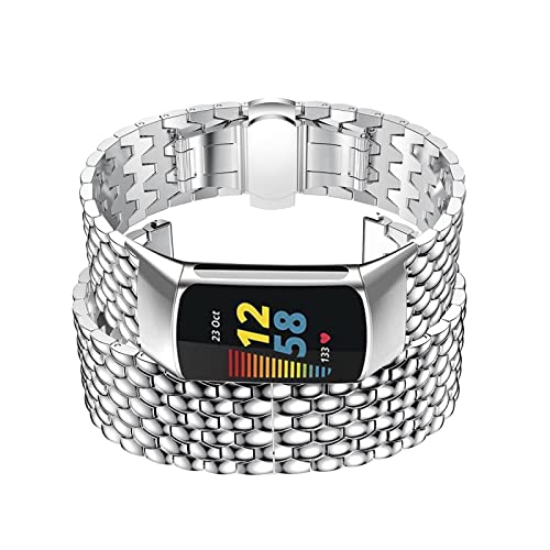 Metall Armbänder für Fitbit Charge 5 Armband Edelstahl Solo Loop für Damen/Herren Watch Ersatzarmband Uhrenarmbänd Kompatibel mit Fitbit Charge 5 (Silber) von Kemikeji