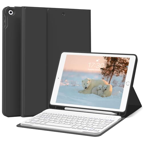 KENKE Tastaturhülle für iPad 9./8./7. Generation 10.2 Zoll 2021/2020/2019, Weiche TPU Rückseite Ständer Cover Smart Case mit Stifthalter, Magnetisch Abnehmbare Kabellose Bluetooth Tastatur, Schwarz von KenKe