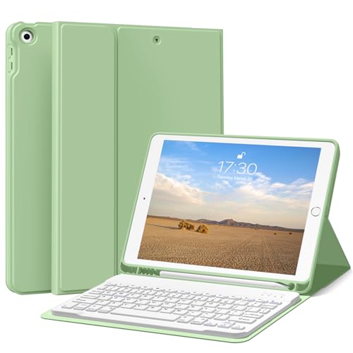 KENKE Tastaturhülle für iPad 9./8./7. Generation 10.2 Zoll 2021/2020/2019, Weiche TPU Rückseite Ständer Cover Smart Case mit Stifthalter, Magnetisch abnehmbare kabellose Bluetooth-Tastatur, Grün von KenKe