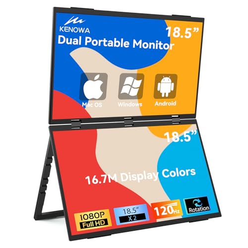 Kenowa Dual Portable Monitor 18,5 Zoll Faltbarer Dual Screen 120Hz 100% sRGB,IPS Erweiterung Bildschirm,Foldable Monitor mit Mini HDMI/USB-C/Lautsprecher für Laptop/PC/Telefon/Mac/PS4/Switch von Kenowa