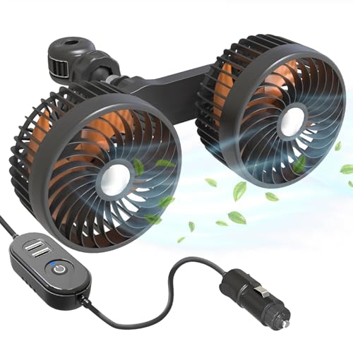 Auto Ventilator 12V 24V, Doppelkopf Auto Lüfter für Rücksitz, USB Ventilator Leise mit 3 Geschwindigkeiten, Tragbare 360° Drehbarer Ventilator, Zigarettenanzünder-Ventilator für SUV LKW RV Van von Kensbro